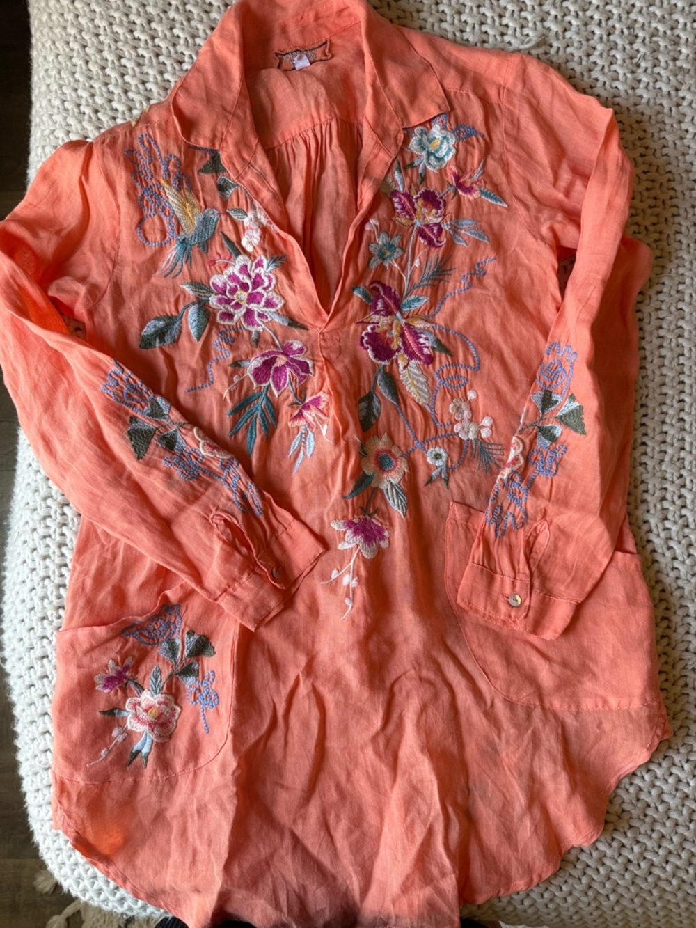 Johnny Was Floral Embroidered Coral Tunic Top